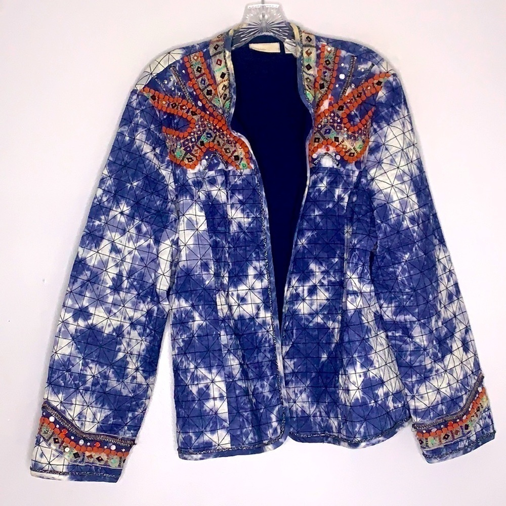 Chico’s Quilted Tie-dye embellished Pom Pom bohemian Travel Jacket large